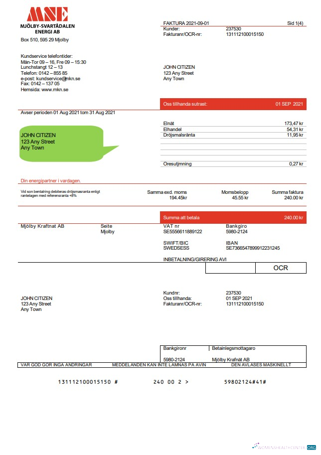 download download Sweden Mjölby Kraftnat AB utility bill template in .doc and .pdf format PDF template PDF template